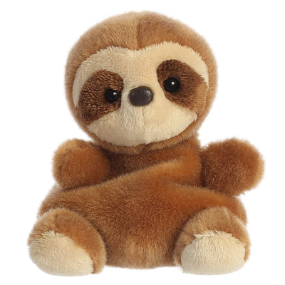 Gray plush sloth with brown fur around its face and stitched smile. It has three claws on each hand and feet.