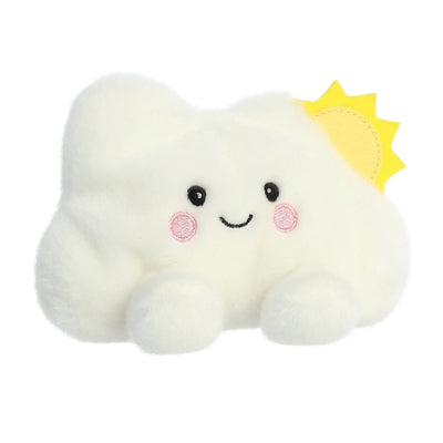White cloud plush toy with a yellow sun sewn on