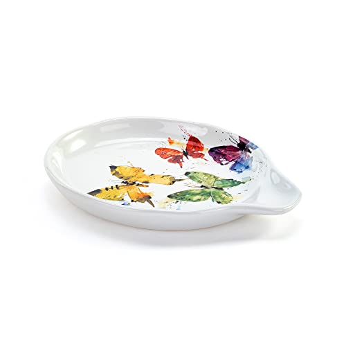 Butterfly-shaped spoon rest made of ceramic with floral design
