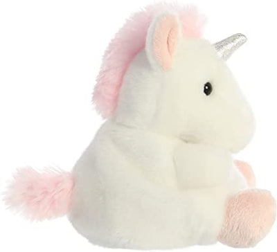 White plush unicorn with a pink mane and horn