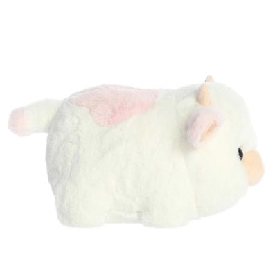 A white Aurora Spudsters Moonique strawberry milk cow plush toy with black hooves, 