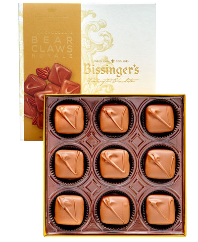 Box of Bissinger's chocolates with pecan pieces visible