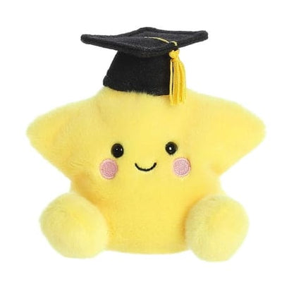 Yellow plush star wearing a black graduation cap.