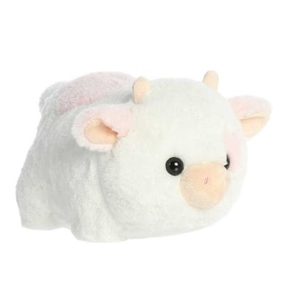A white Aurora Spudsters Moonique strawberry milk cow plush toy with black hooves, 