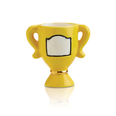 Yellow trophy with white label on a white background