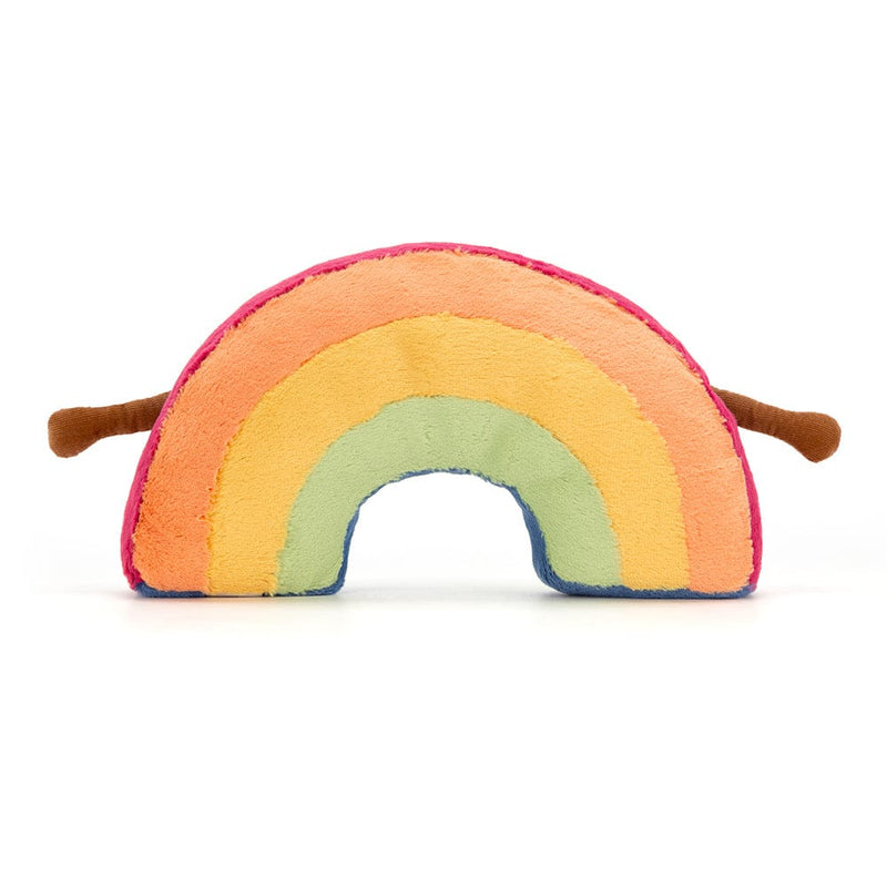 Stuffed rainbow plush toy with arms and a face.