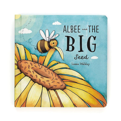 Albee and the Big Seed" children's book cover by Kirsten Irving and Lizzie Walkley. Bee on a sunflower.