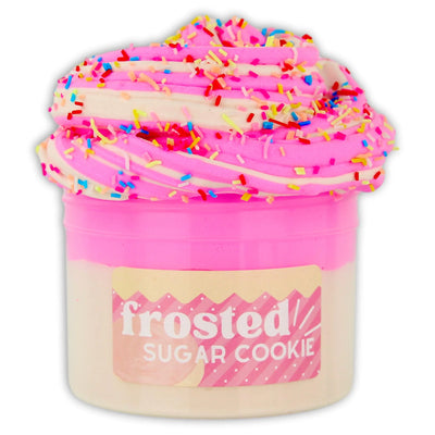 Container of Dope Slime frosted sugar cookie slime with pink and yellow sprinkles. Text on container reads “Frosted Sugar Cookie