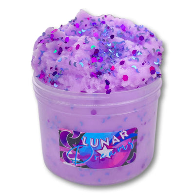 Jar of purple slime with sprinkles on a white background. Text on jar reads “LUNAR”.