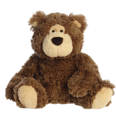 Brown teddy bear with white muzzle, black eyes, and stitched smile.