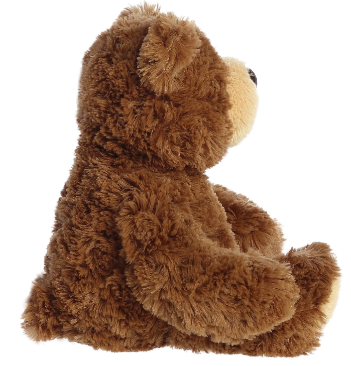 Brown teddy bear with white muzzle, black eyes, and stitched smile.