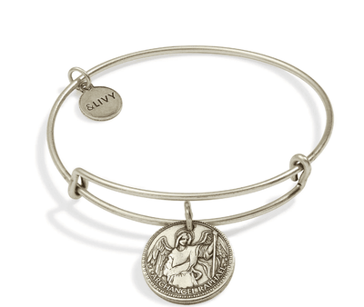 Silver bangle bracelet with a St. Raphael medallion.