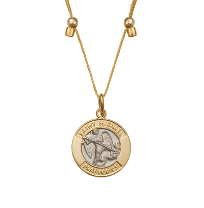 Saint Michael gold necklace with a round medallion. The medallion features Saint Michael slaying a dragon with a sword and shield