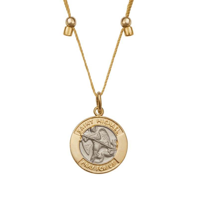 Saint Michael gold necklace with a round medallion. The medallion features Saint Michael slaying a dragon with a sword and shield