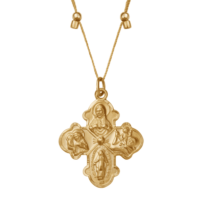 a gold necklace with a four-way cross pendant.