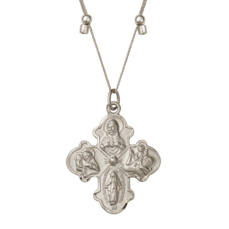 a silver necklace with a four-way cross pendant.