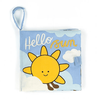 Soft fabric book with sun on cover, "Hello Sun" by Jellycat