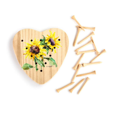 Wooden heart painted with a yellow sunflower with green leaves and stem
