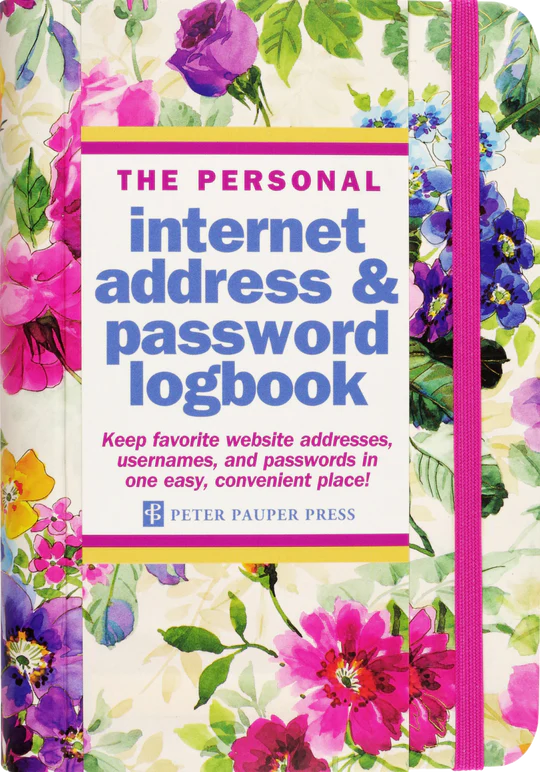 Peony Garden Internet Address & Password Logbook with space to list websites, usernames, passwords, and extra notes.