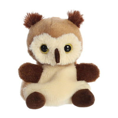 Brown and white stuffed owl puppet with orange eyes and yellow beak