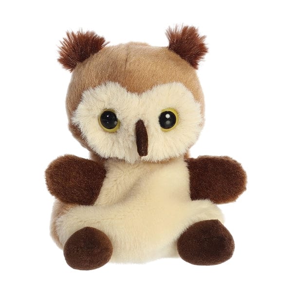 Brown and white stuffed owl puppet with orange eyes and yellow beak