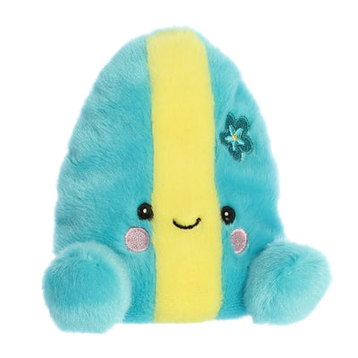 Light blue plush narwhal with a white belly, black eyes, and a spiraling horn