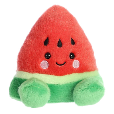 Red plush watermelon slice with a green smiley face and green leaves