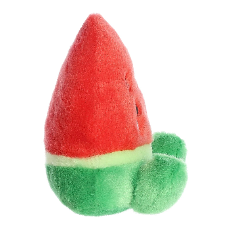 Red plush watermelon slice with a green smiley face and green leaves