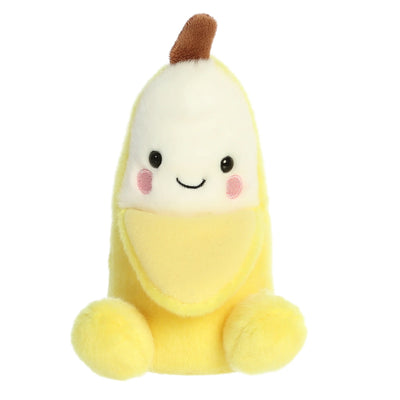 Yellow plush banana with a brown stitched stem and a smiling face.