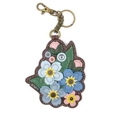 Leather keychain with forget-me-not flowers. Silver clasp. 