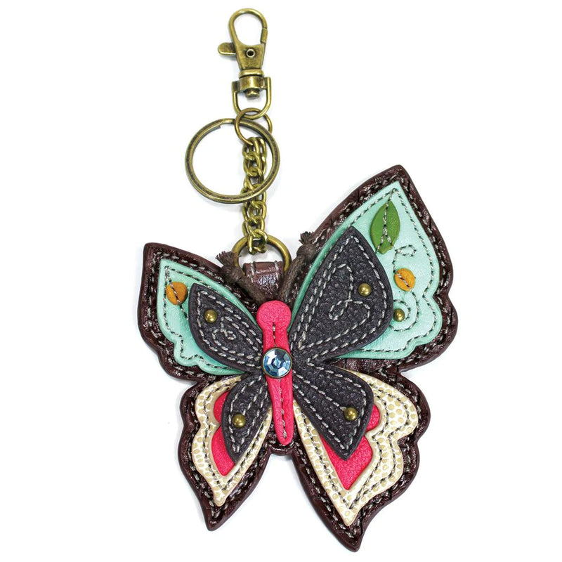 Butterfly keychain with iridescent blue wings, black body, and diamantes.