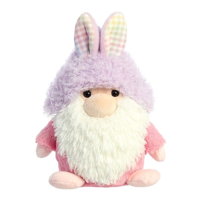 Pink plush gnome with floppy bunny ear hat and white beard