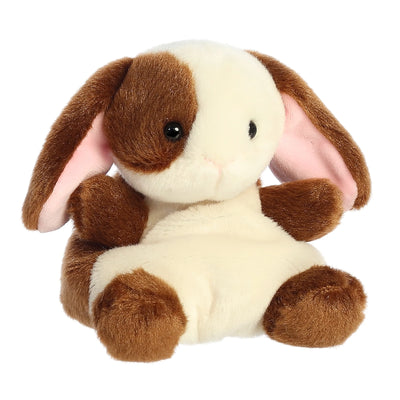 Brown and white plush bunny rabbit with pink ears and a brown nose