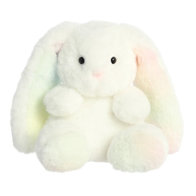White plush rabbit with rainbow colored ears. 