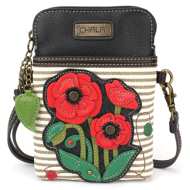 Chala crossbody purse with colorful floral embroidery. Gold chain strap