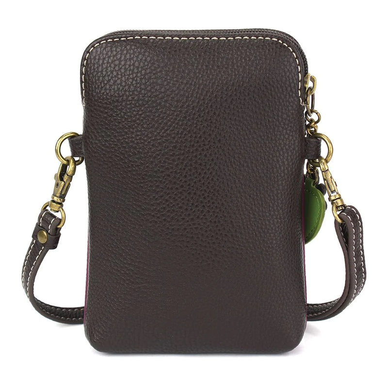 Brown leather crossbody purse with floral design (purple forget-me-nots). Detachable strap