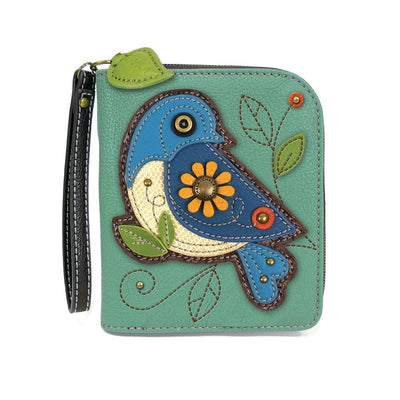 Teal faux leather wallet with bluebird design. Chala Blue Bird Zip-Around Wristlet Wallet