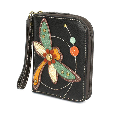 Black faux leather wallet with dragonfly design. Chala brand. 