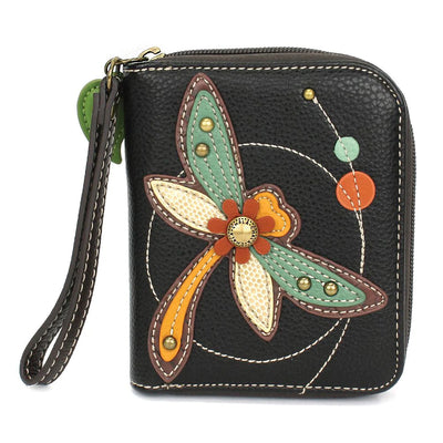 Black faux leather wallet with dragonfly design. Chala brand. 