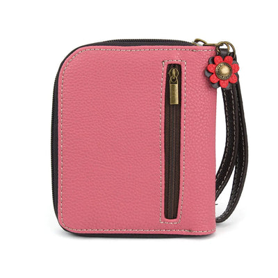Pink wallet with colorful butterfly on front. Gold zipper closure