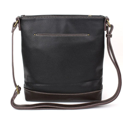 Black leather purse with 3D gold dragonfly on front flap closure. Detachable crossbody strap