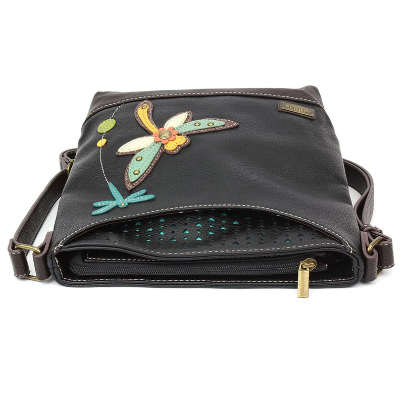 Black leather purse with 3D gold dragonfly on front flap closure. Detachable crossbody strap
