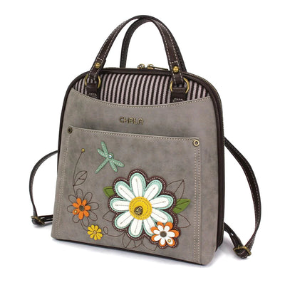 Brown convertible backpack purse. Folds into clutch or handbag. Gold zipper closure. Chala logo