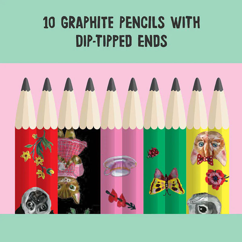 Fancy Fauna Included are 10 sharpened graphite pencils with dip-tipped ends in a handy box.