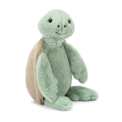 Jellycat Bashful's turtle has a soft beige shell and floppy, minty, chunky flippers!