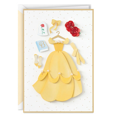 The greeting card features die-cut attachments from Disney's "Beauty and the Beast."