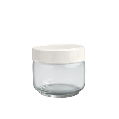 Clear glass jar with white lid 