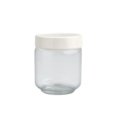 Clear glass jar with white lid