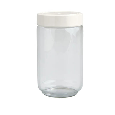 Clear glass jar with white lid