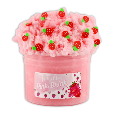 Pink slime with whole and sliced strawberries on top. Text on container reads “Pink Drink”.